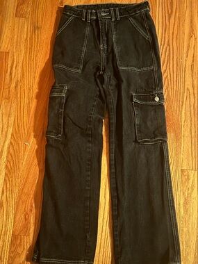 Black Cargo Denim Pants with Contrast Stitching